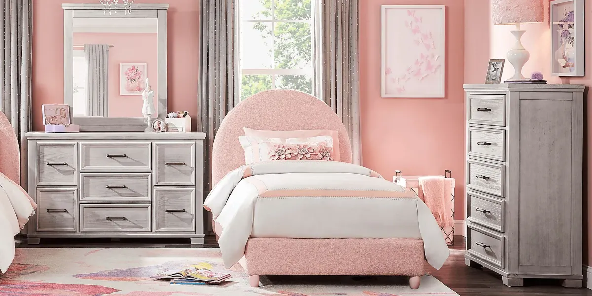 Kids Canyon Lake Ash Gray Bedroom with Moonstone Pink Queen Upholstered Bed