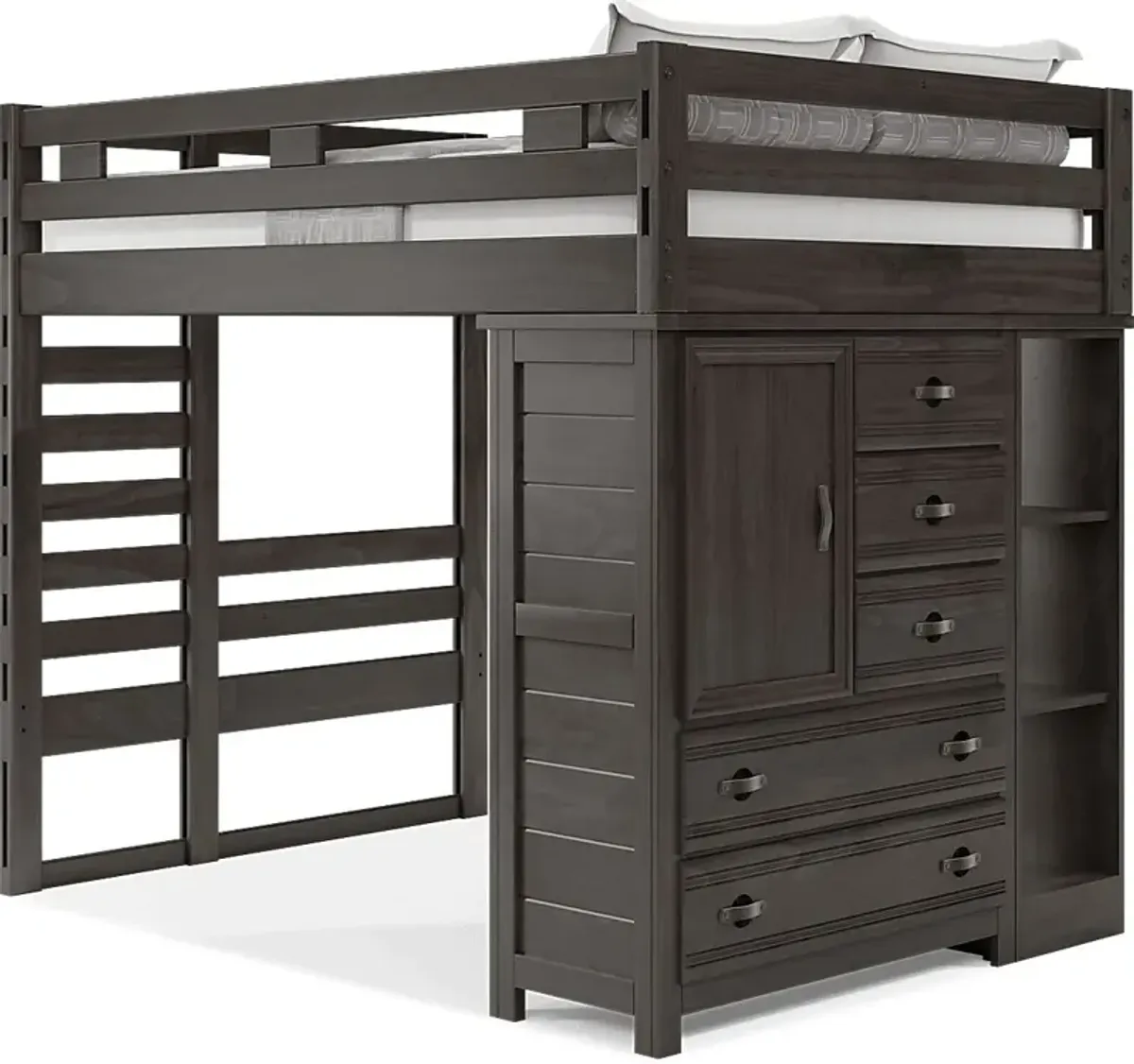 Kids Creekside 2.0 Charcoal Full Loft with Loft Chest and Bookcase