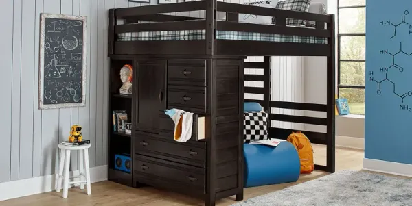 Kids Creekside 2.0 Charcoal Full Loft with Loft Chest and Bookcase