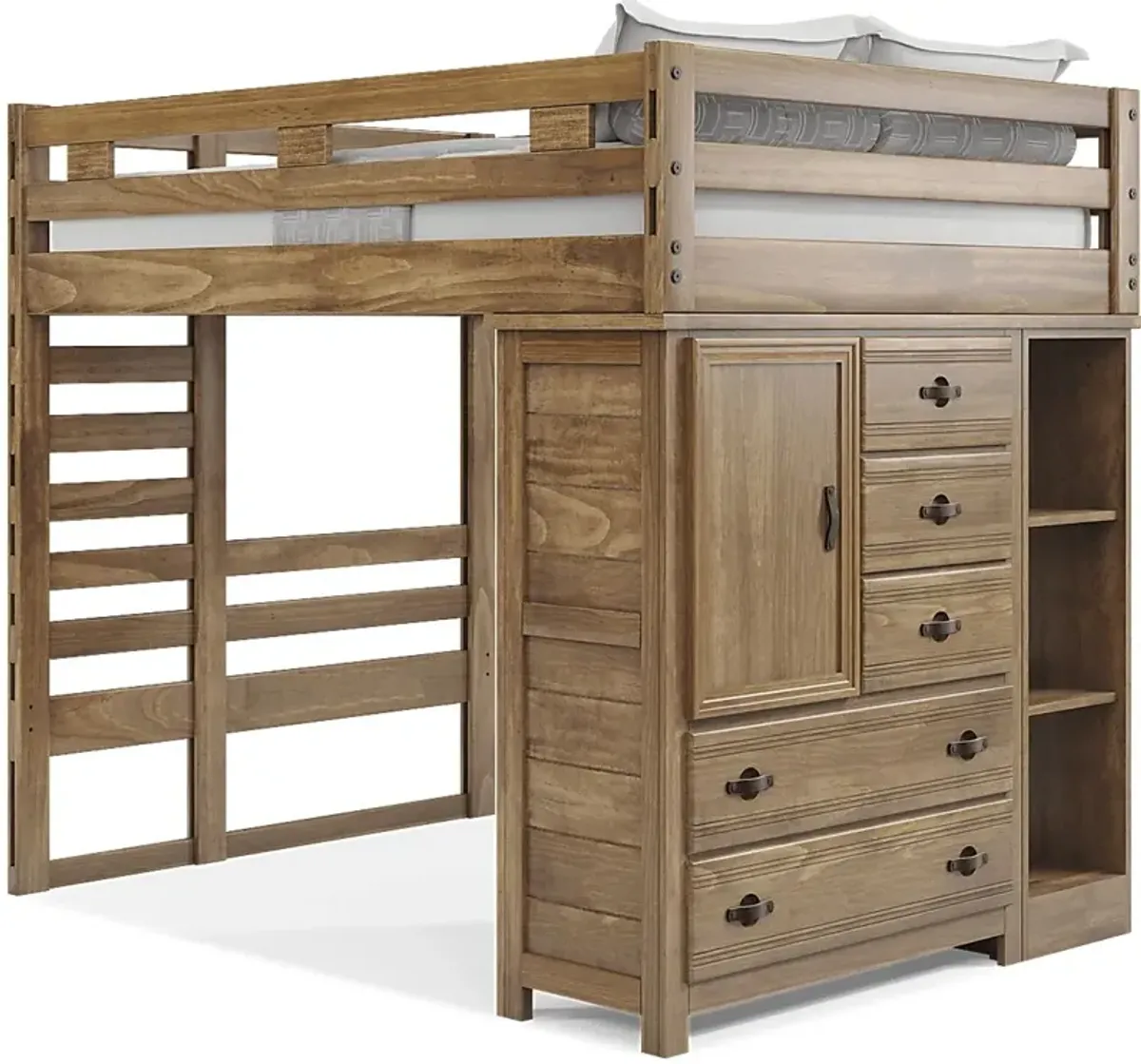 Kids Creekside 2.0 Chestnut Full Loft with Loft Chest and Bookcase