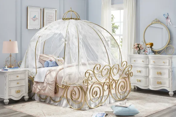 Disney Princess Sparkle White Bedroom with Royal Gold Twin Carriage Bed