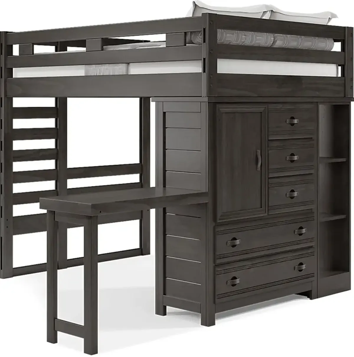 Kids Creekside 2.0 Charcoal Full Loft with Loft Chest, Bookcase and Desk Attachment