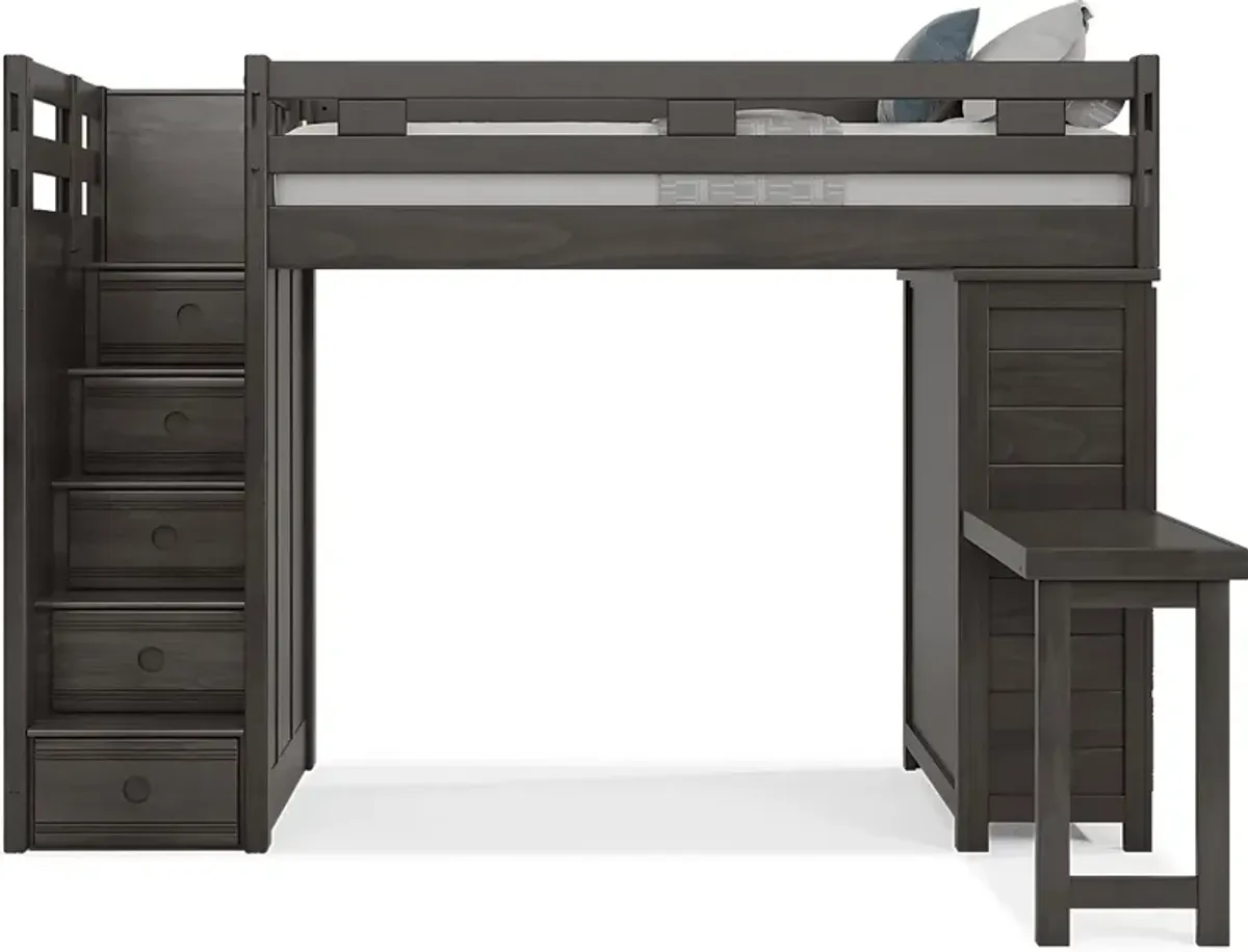 Kids Creekside 2.0 Charcoal Twin Step Loft with Loft Chest and Desk Attachment