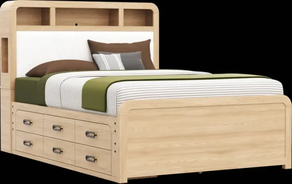 Kids Hidden Hills Light Oak Queen Bookcase Bed with Storage Side Rail