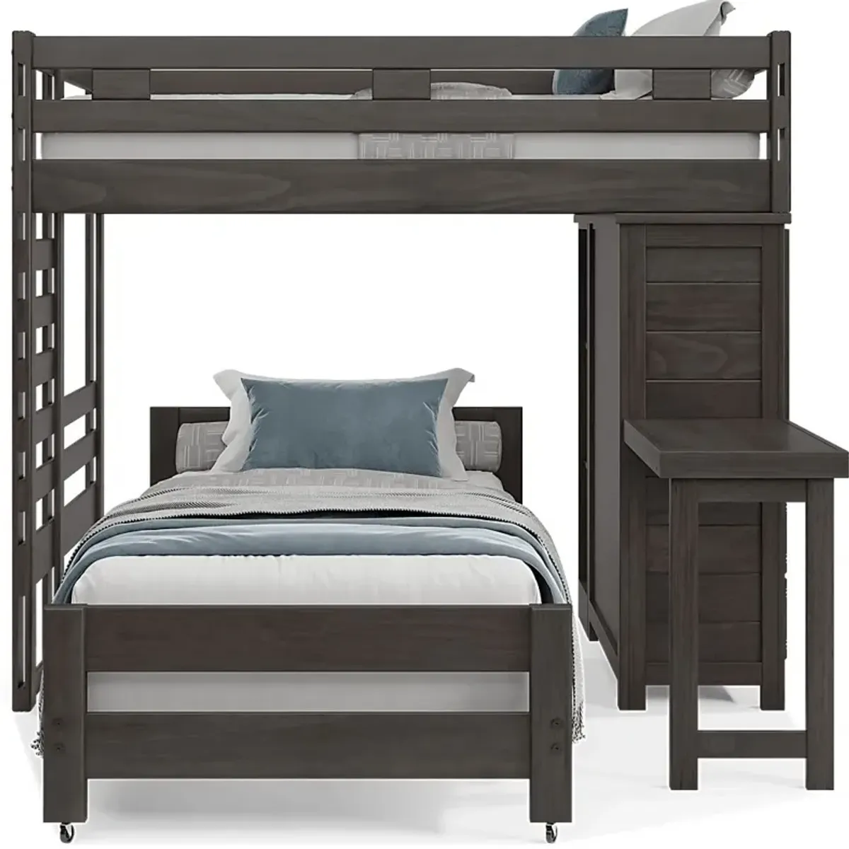 Kids Creekside 2.0 Charcoal Full/Twin Loft with Loft Chest, Bookcase and Desk Attachment