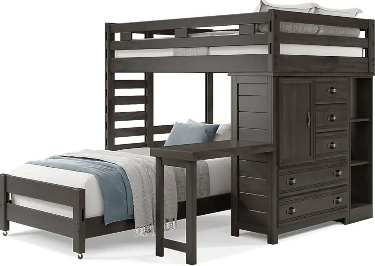 Kids Creekside 2.0 Charcoal Full/Twin Loft with Loft Chest, Bookcase and Desk Attachment