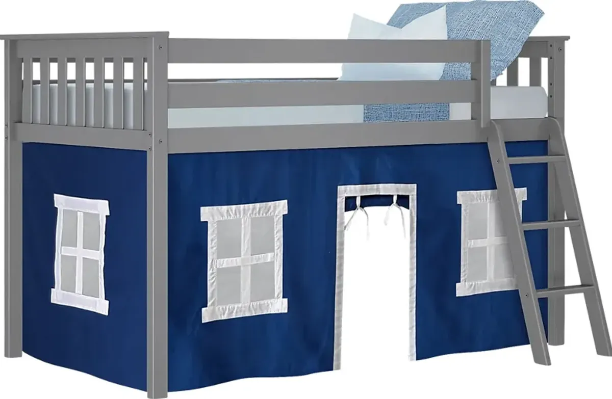 Kids Linnett Gray Twin Low Loft Bed with Blue Tent