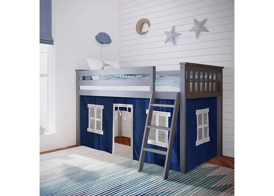 Kids Linnett Gray Twin Low Loft Bed with Blue Tent