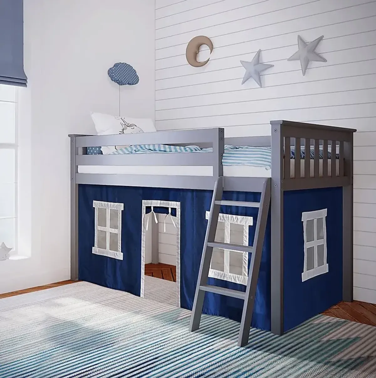 Kids Linnett Gray Twin Low Loft Bed with Blue Tent