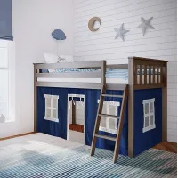 Kids Linnett Brown Twin Low Loft Bed with Blue Tent