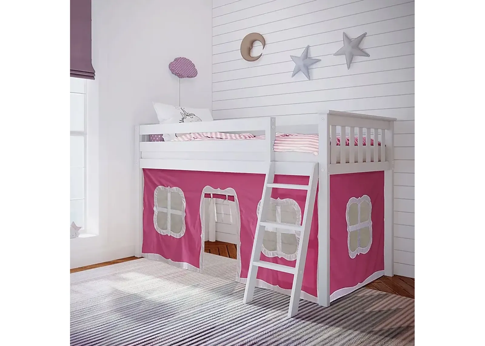 Kids Linnett White Twin Low Loft Bed with Pink Tent