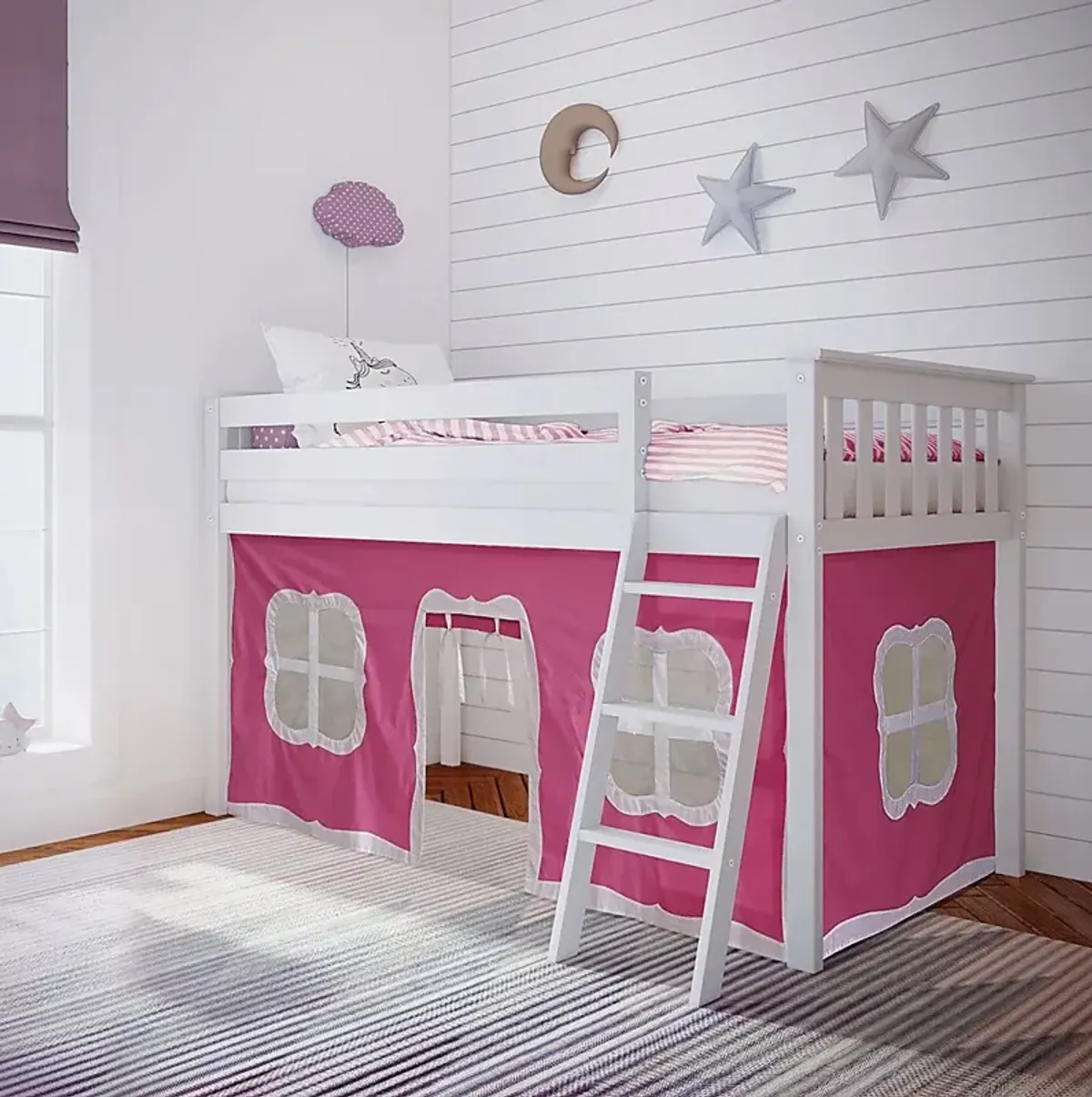 Kids Linnett White Twin Low Loft Bed with Pink Tent