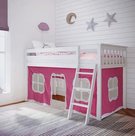 Kids Linnett White Twin Low Loft Bed with Pink Tent