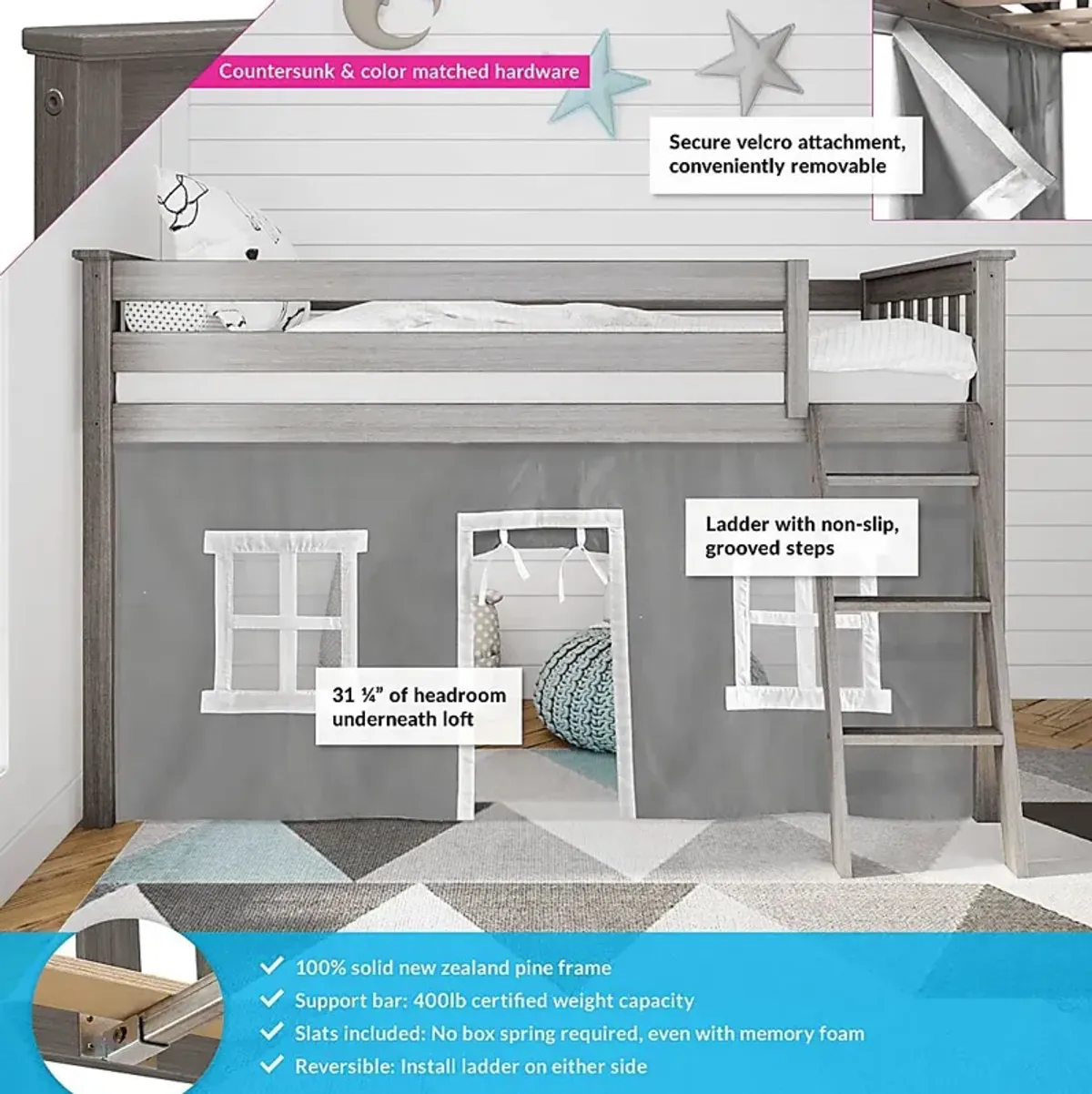 Kids Linnett Brown Twin Low Loft Bed with Gray Tent