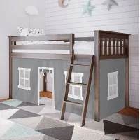 Kids Linnett Brown Twin Low Loft Bed with Gray Tent