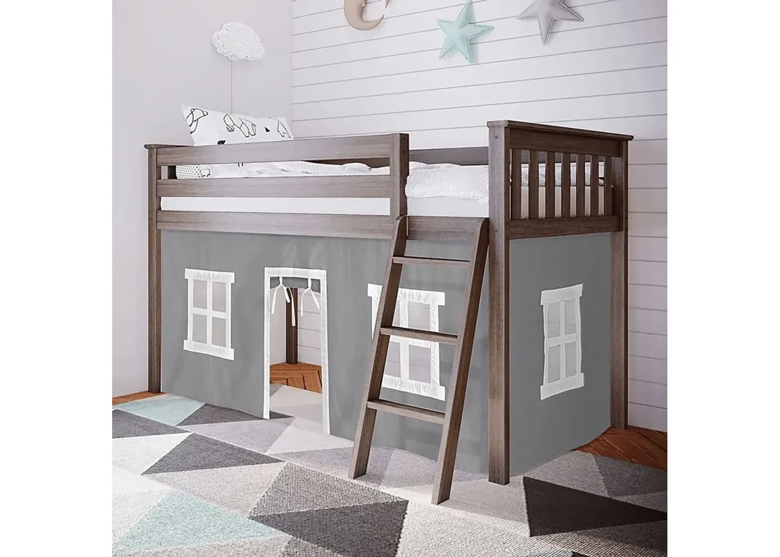 Kids Linnett Brown Twin Low Loft Bed with Gray Tent