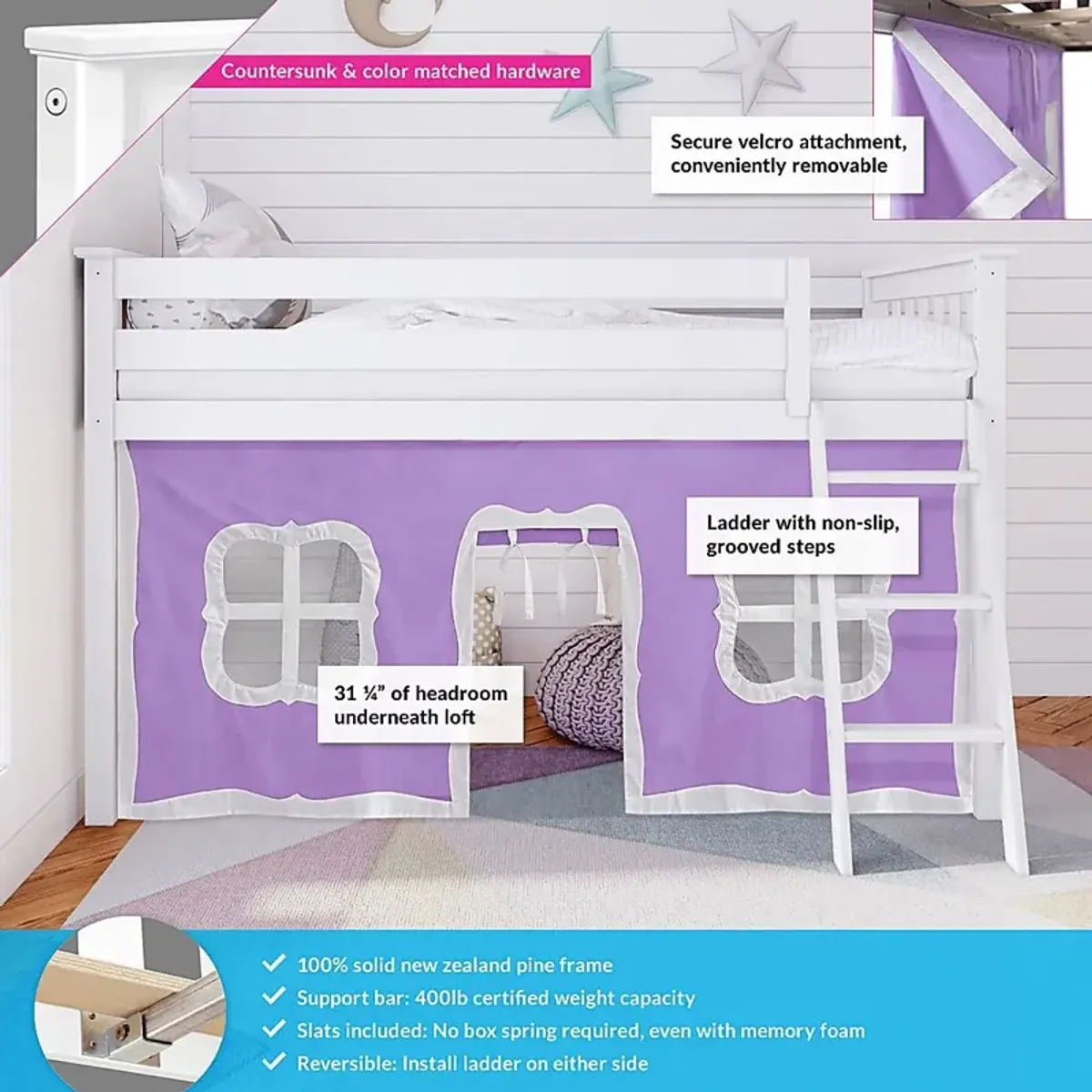 Kids Linnett White Twin Low Loft Bed with Purple Tent