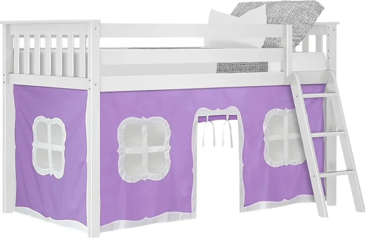 Kids Linnett White Twin Low Loft Bed with Purple Tent