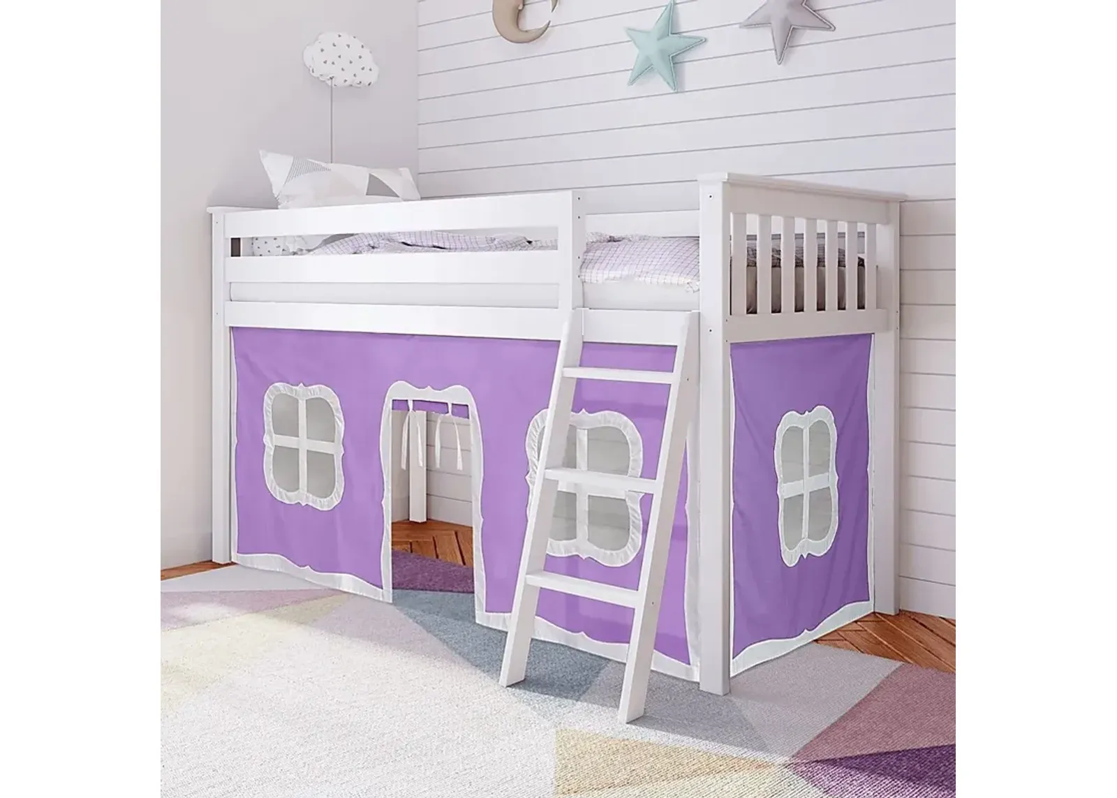 Kids Linnett White Twin Low Loft Bed with Purple Tent