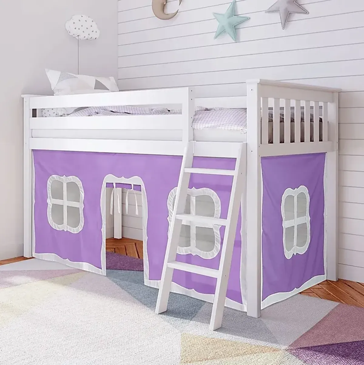 Kids Linnett White Twin Low Loft Bed with Purple Tent