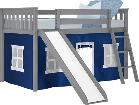 Kids Ayleth Gray Twin Low Loft Bed with Slide and Blue Tent