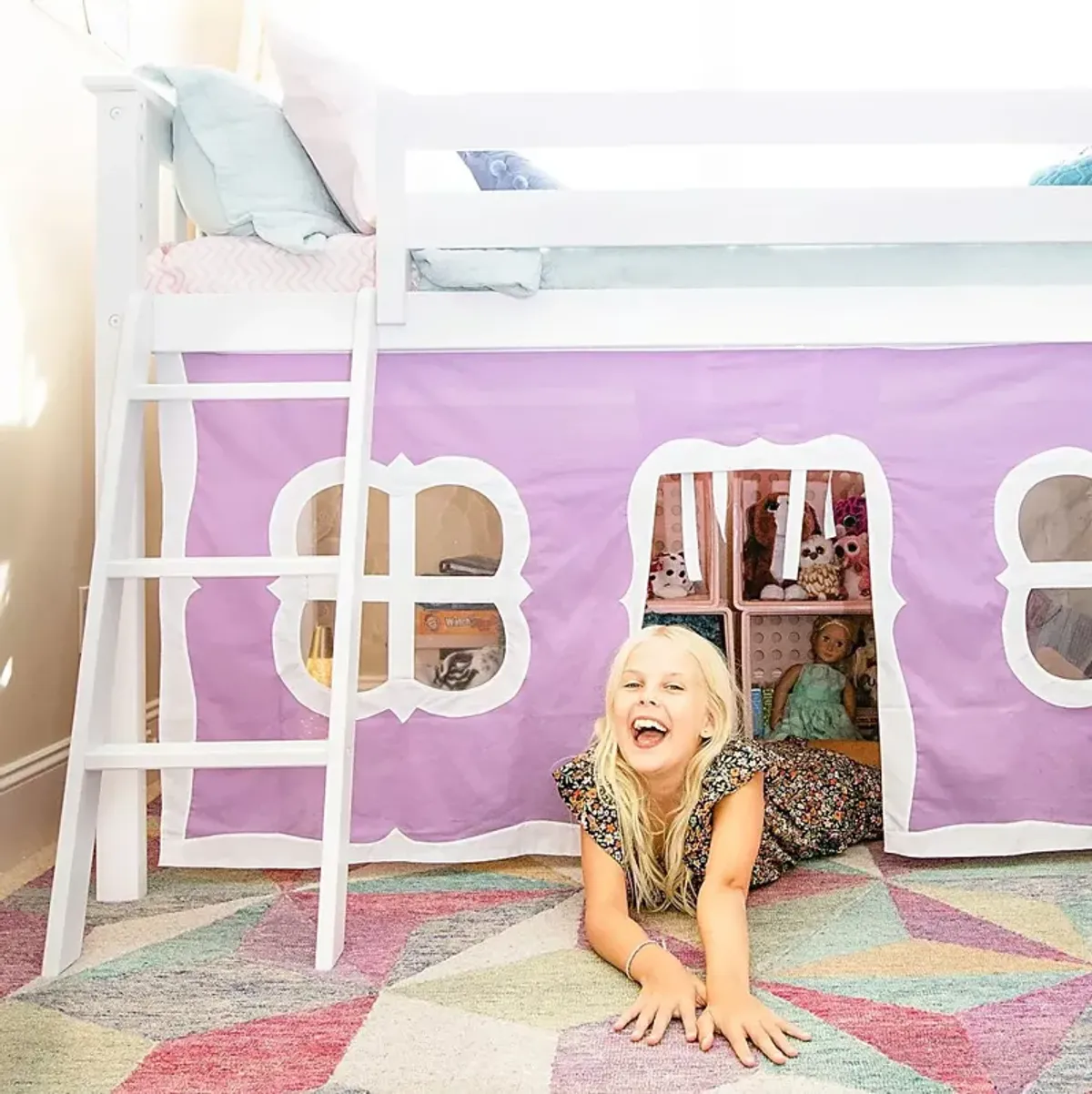 Kids Ayleth White Twin Low Loft Bed with Purple Tent