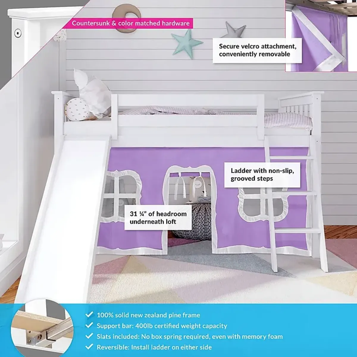 Kids Ayleth White Twin Low Loft Bed with Purple Tent