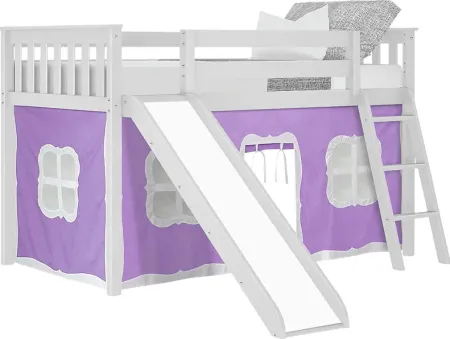 Kids Ayleth White Twin Low Loft Bed with Purple Tent