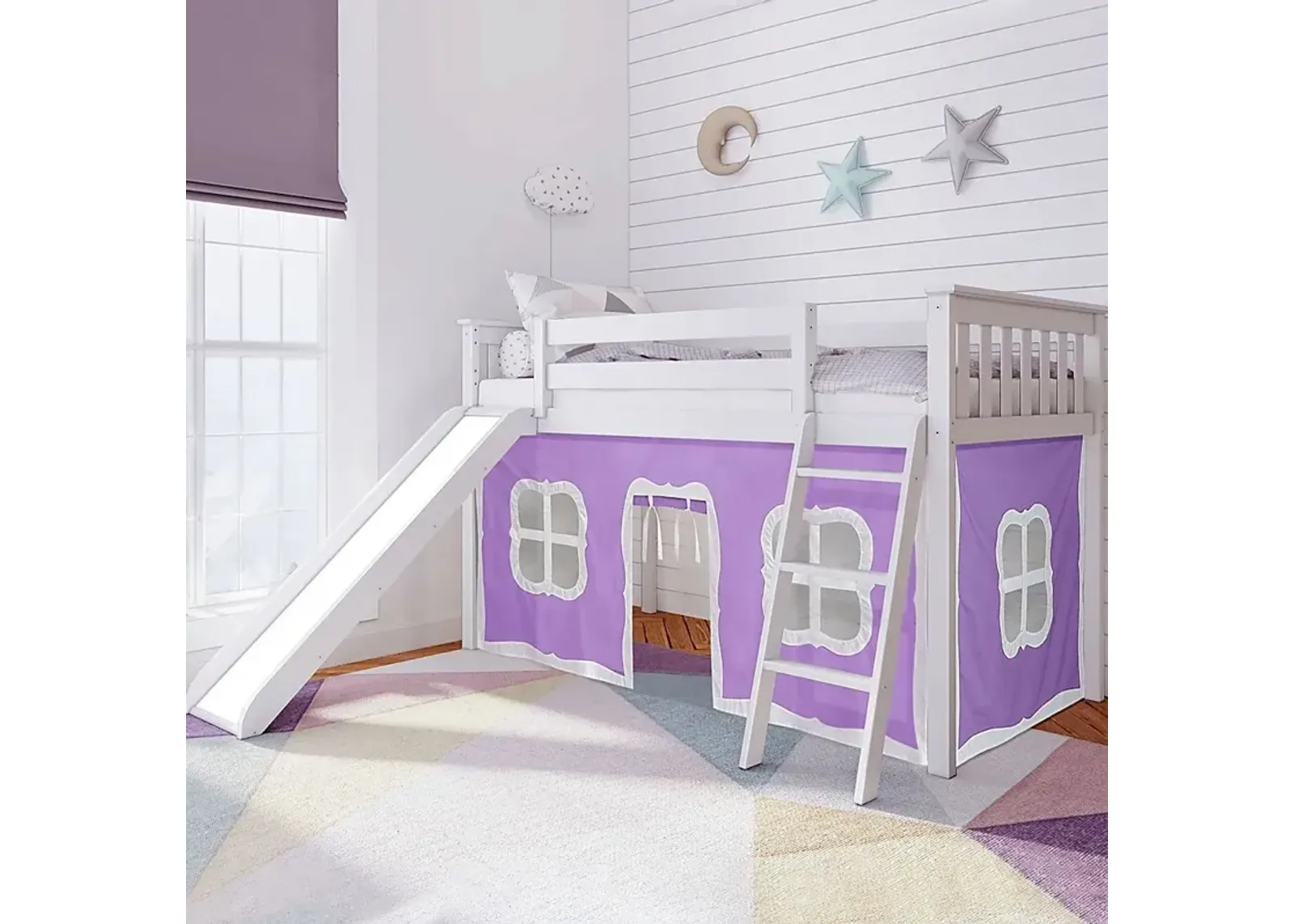 Kids Ayleth White Twin Low Loft Bed with Purple Tent