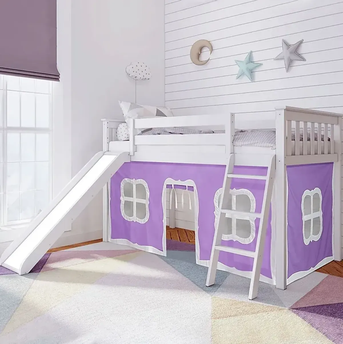 Kids Ayleth White Twin Low Loft Bed with Purple Tent