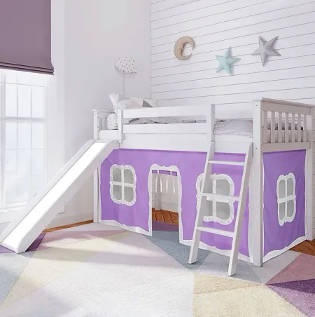 Kids Ayleth White Twin Low Loft Bed with Purple Tent
