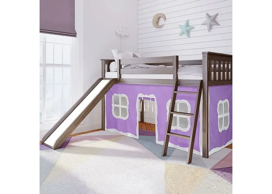 Kids Ayleth Brown Twin Low Loft Bed with Slide and Purple Tent