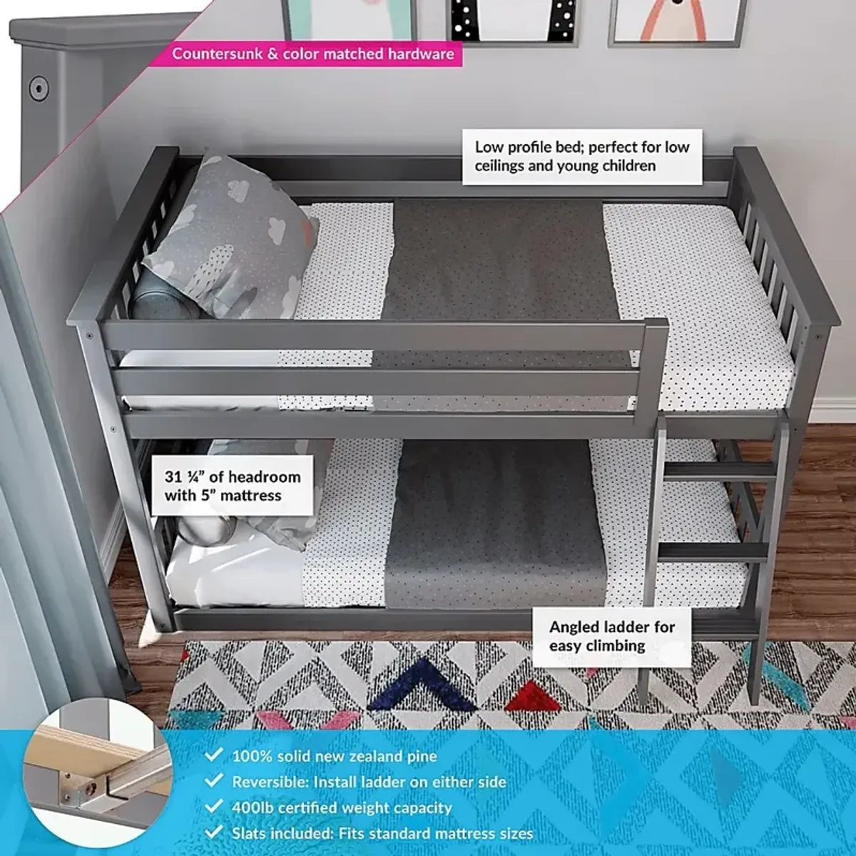 Kids Imonie Gray Twin/Twin Low Bunk Bed