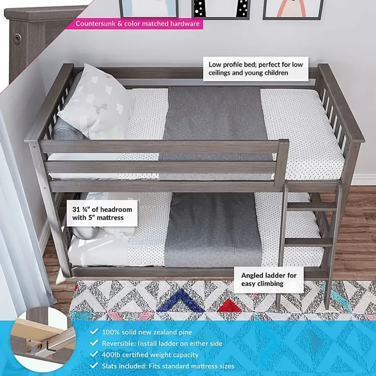 Kids Imonie Gray Twin/Twin Low Loft Bunk Bed