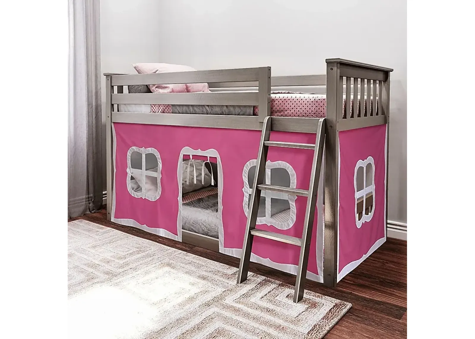 Kids Thorsten Brown Twin/Twin Low Bunk Bed with Pink Tent