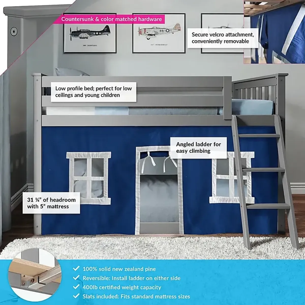 Kids Thorsten Gray Twin/Twin Low Bunk Bed with Blue Tent