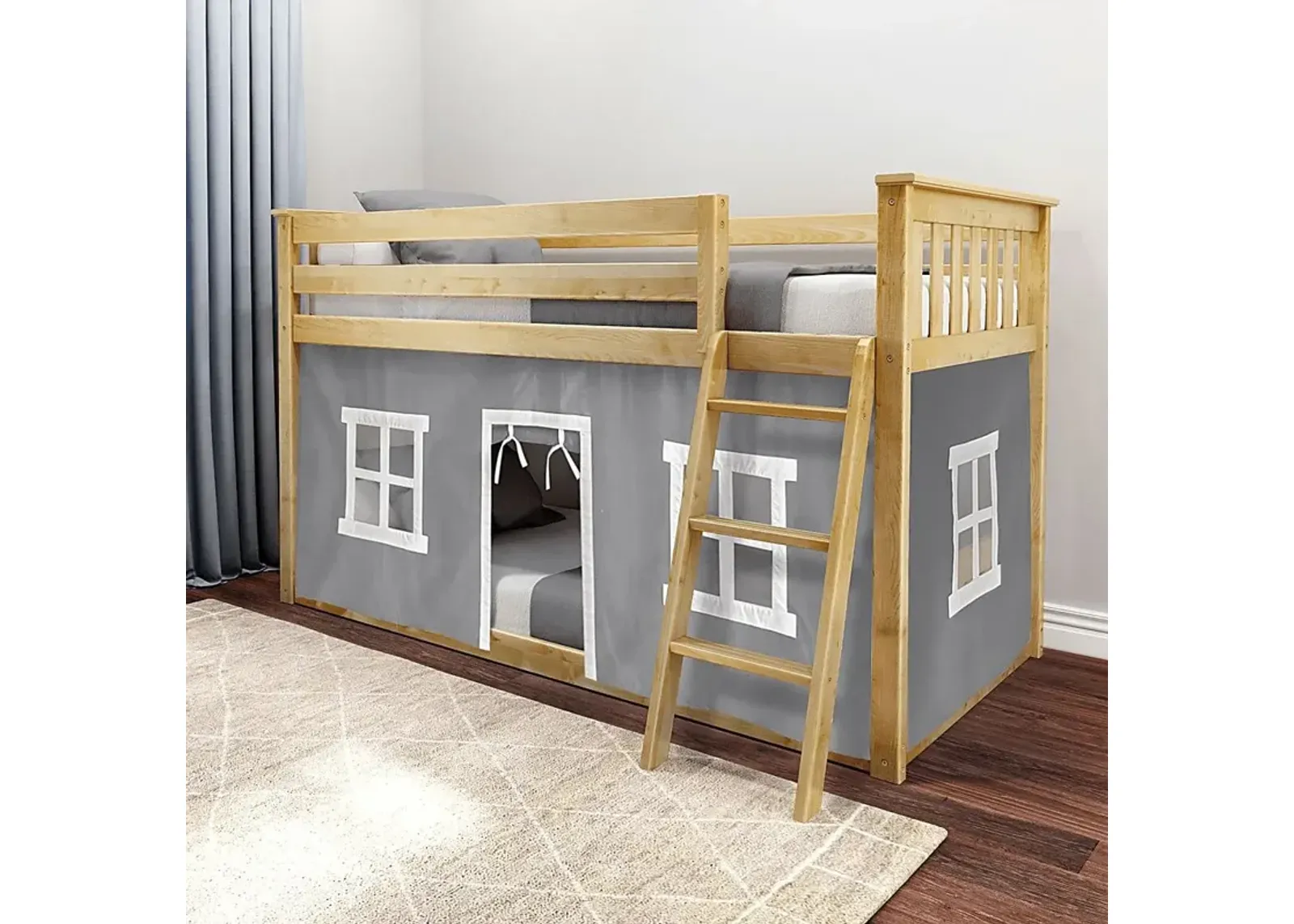 Kids Thorsten Beige Twin/Twin Low Bunk Bed with Gray Tent