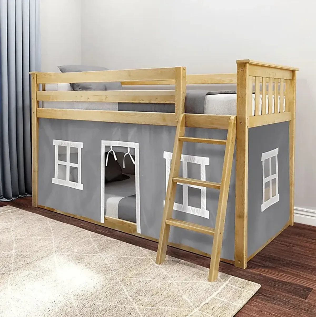 Kids Thorsten Beige Twin/Twin Low Bunk Bed with Gray Tent