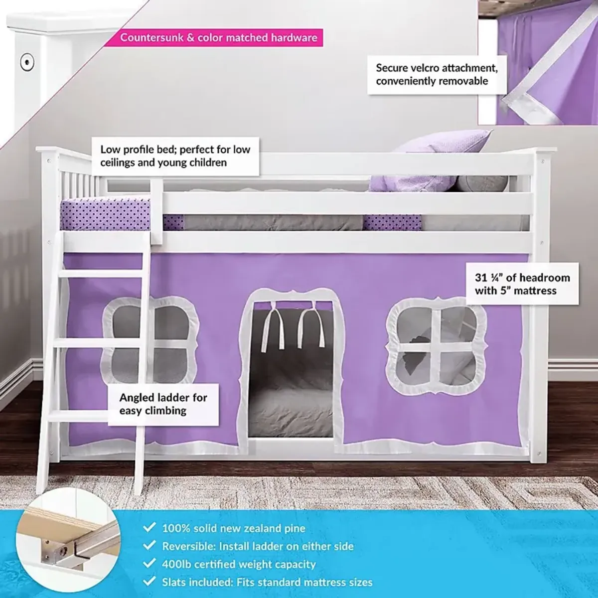 Kids Thorsten White Twin/Twin Low Bunk Bed with Purple Tent