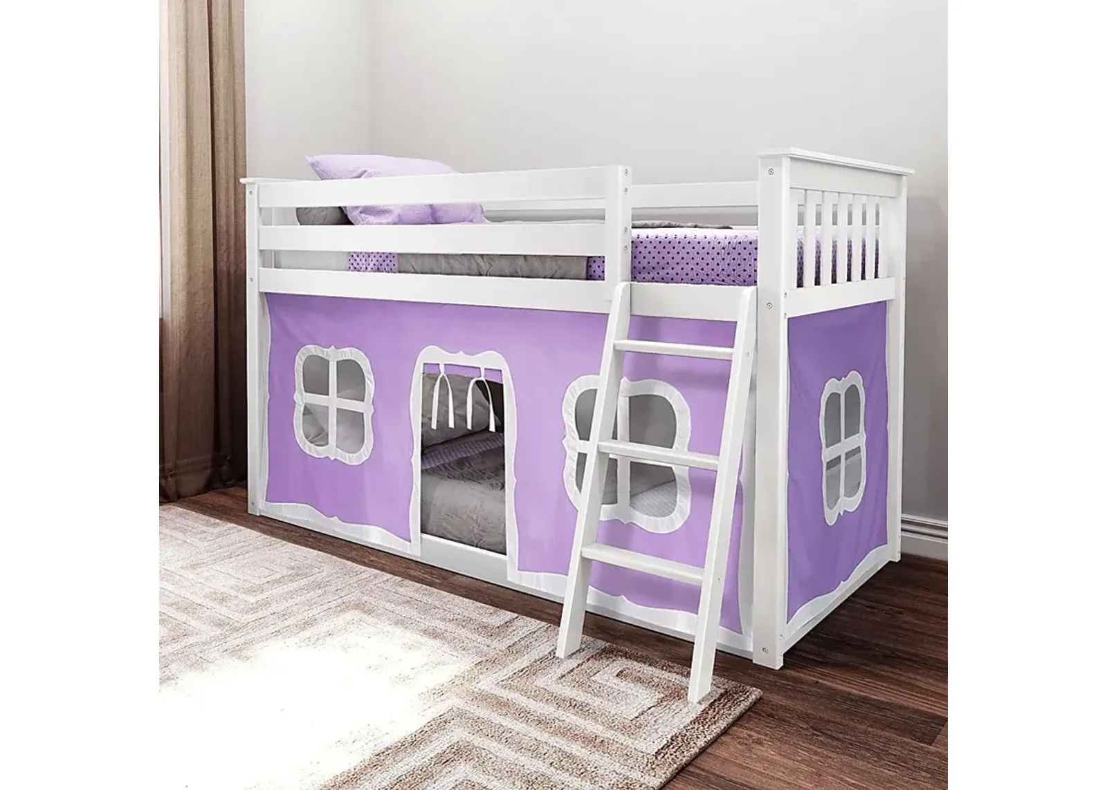 Kids Thorsten White Twin/Twin Low Bunk Bed with Purple Tent