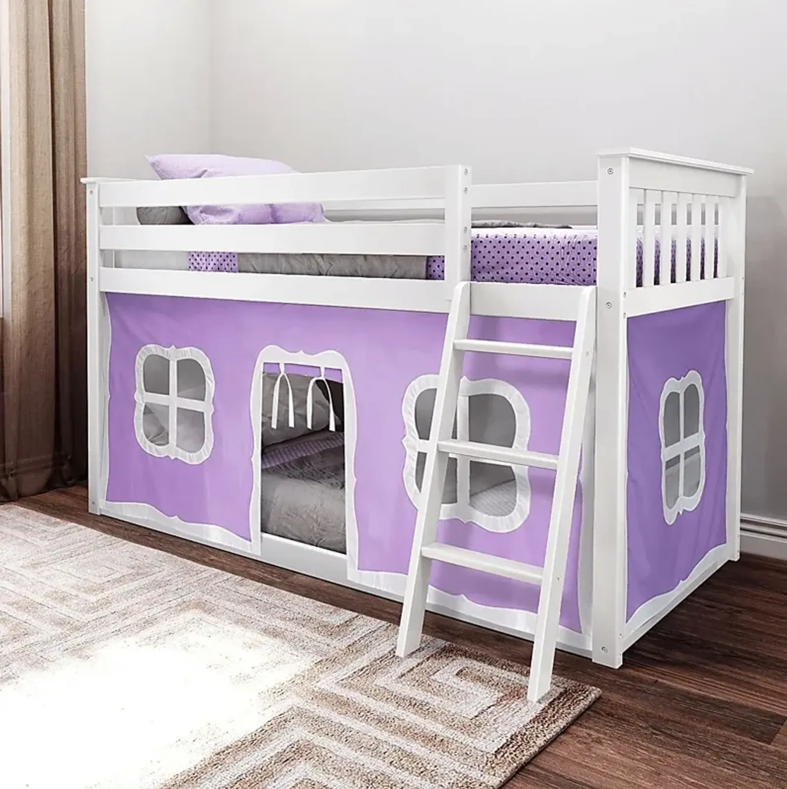 Kids Thorsten White Twin/Twin Low Bunk Bed with Purple Tent