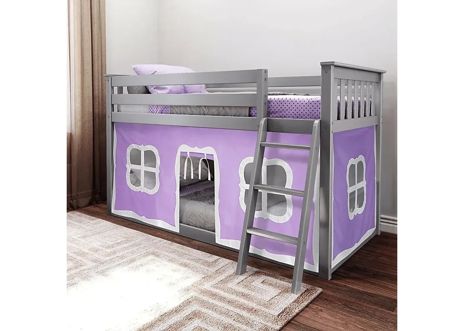 Kids Thorsten Gray Twin/Twin Low Bunk Bed with Purple Tent