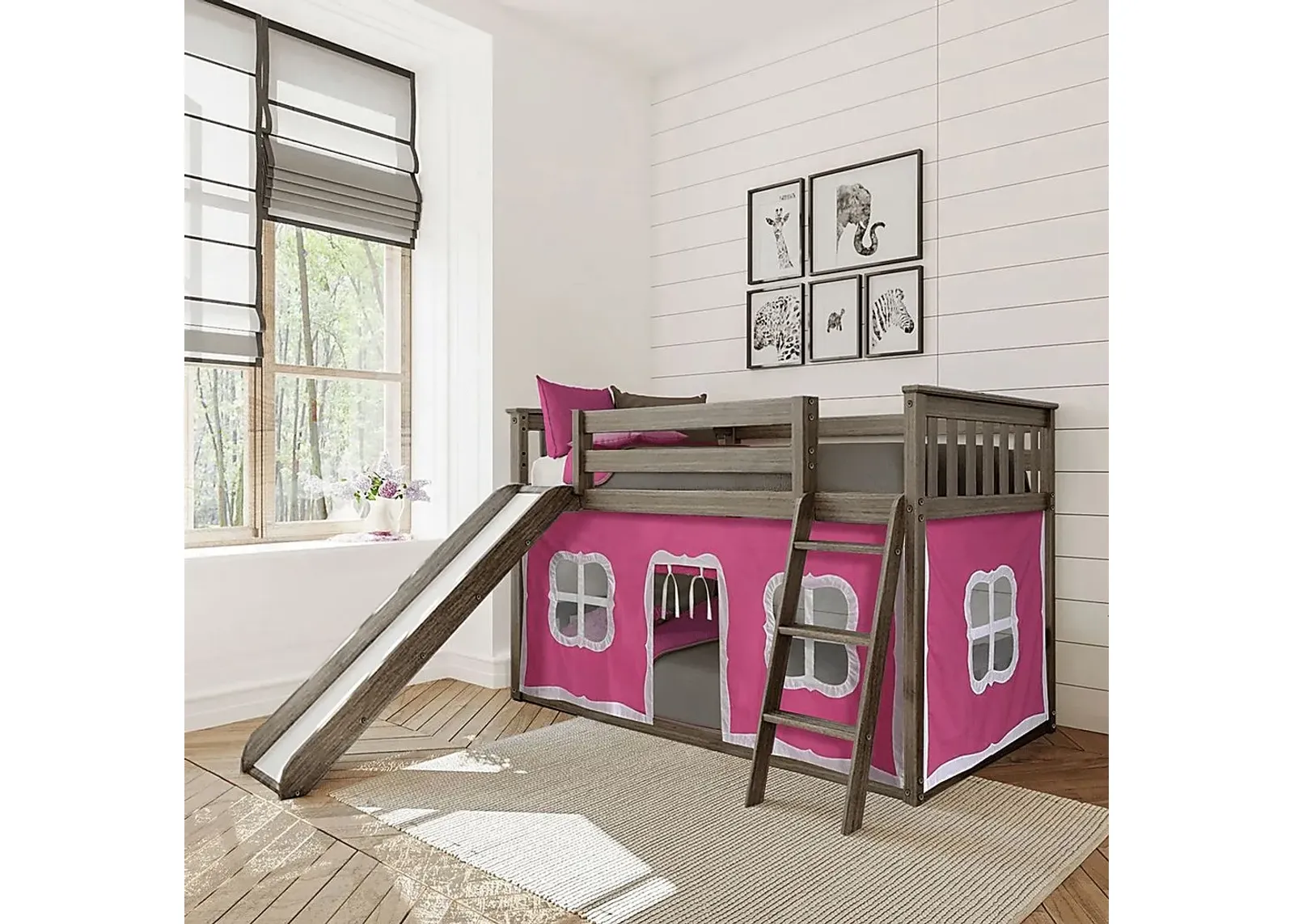 Kids Abdiel Brown Twin/Twin Low Bunk Bed with Slide and Pink Tent