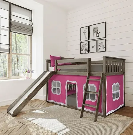 Kids Abdiel Brown Twin/Twin Low Bunk Bed with Slide and Pink Tent