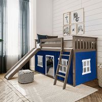 Kids Abdiel Brown Twin/Twin Low Bunk Bed with Slide and Blue Tent