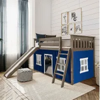 Kids Abdiel Brown Twin/Twin Low Bunk Bed with Slide and Blue Tent