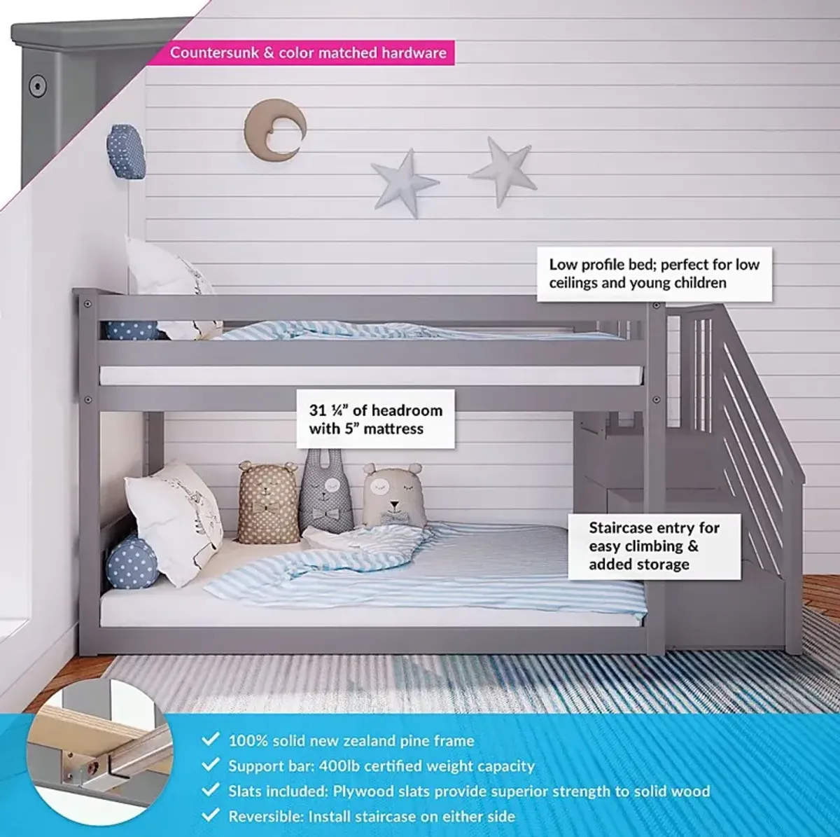 Kids Alejo Gray Twin/Twin Low Bunk Bed with Staircase