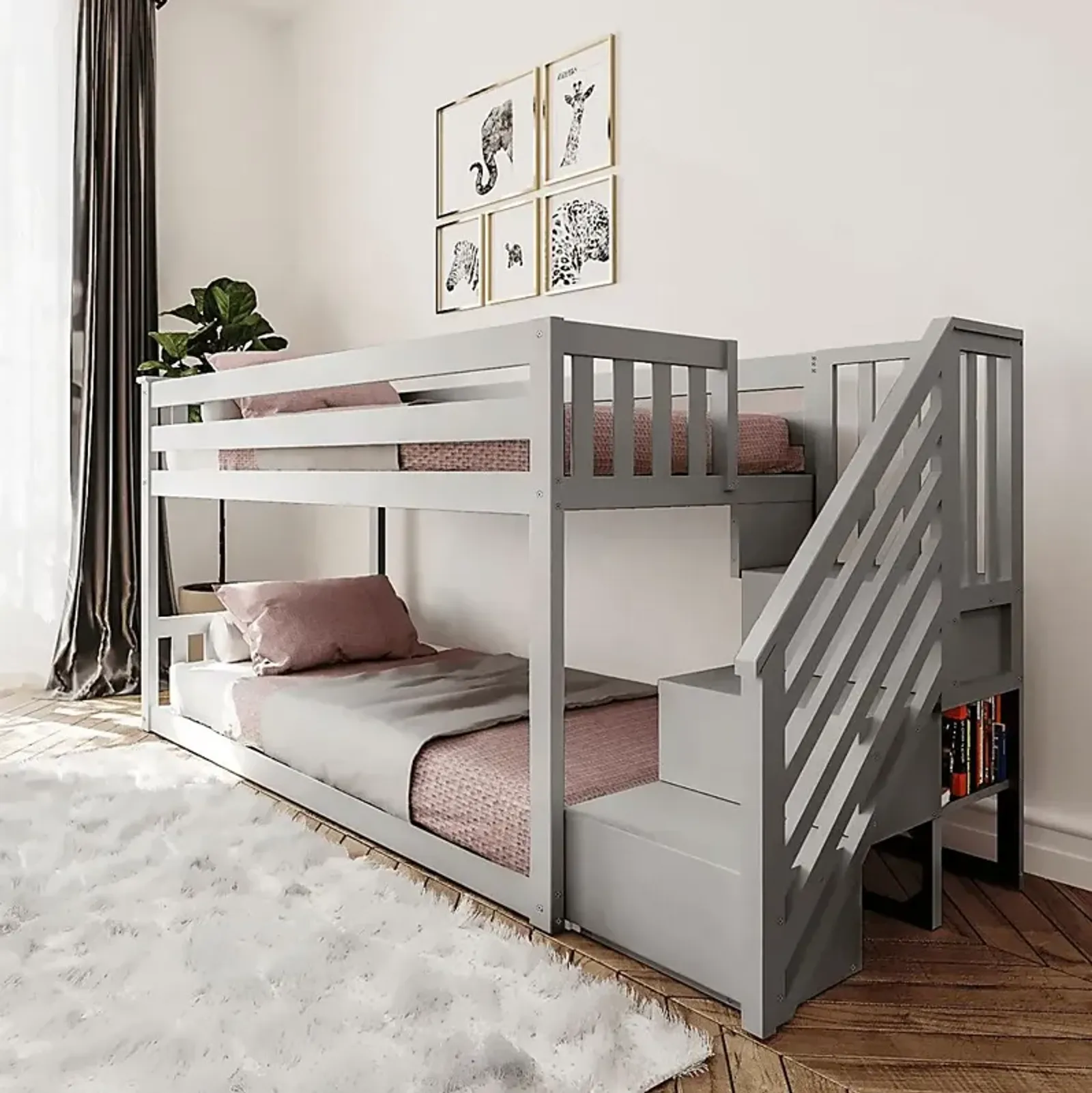 Kids Alejo Gray Twin/Twin Low Bunk Bed with Staircase