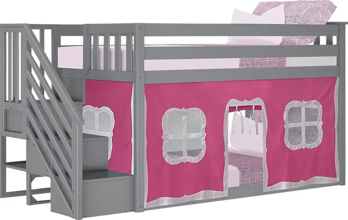 Kids Alekos White Twin/Twin Low Bunk Bed with Staircase and Blue Tent