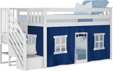 Kids Alekos White Twin/Twin Low Bunk Bed with Staircase and Blue Tent